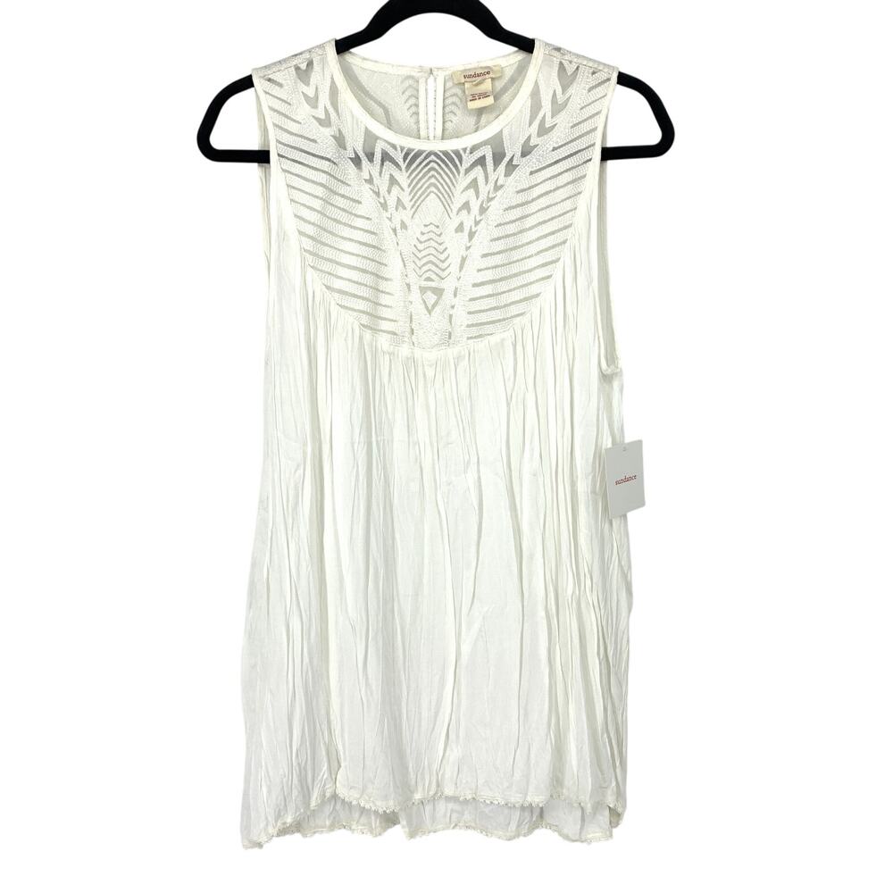 Sundance Shirt Womens Large White Crinkle Chevron Embroidered Mesh Yoke Lace Hem